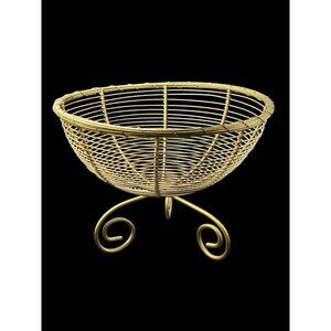 Vintage Gold Round French Woven Wire Pedestal Basket Fruit Boho Centerpiece Bowl